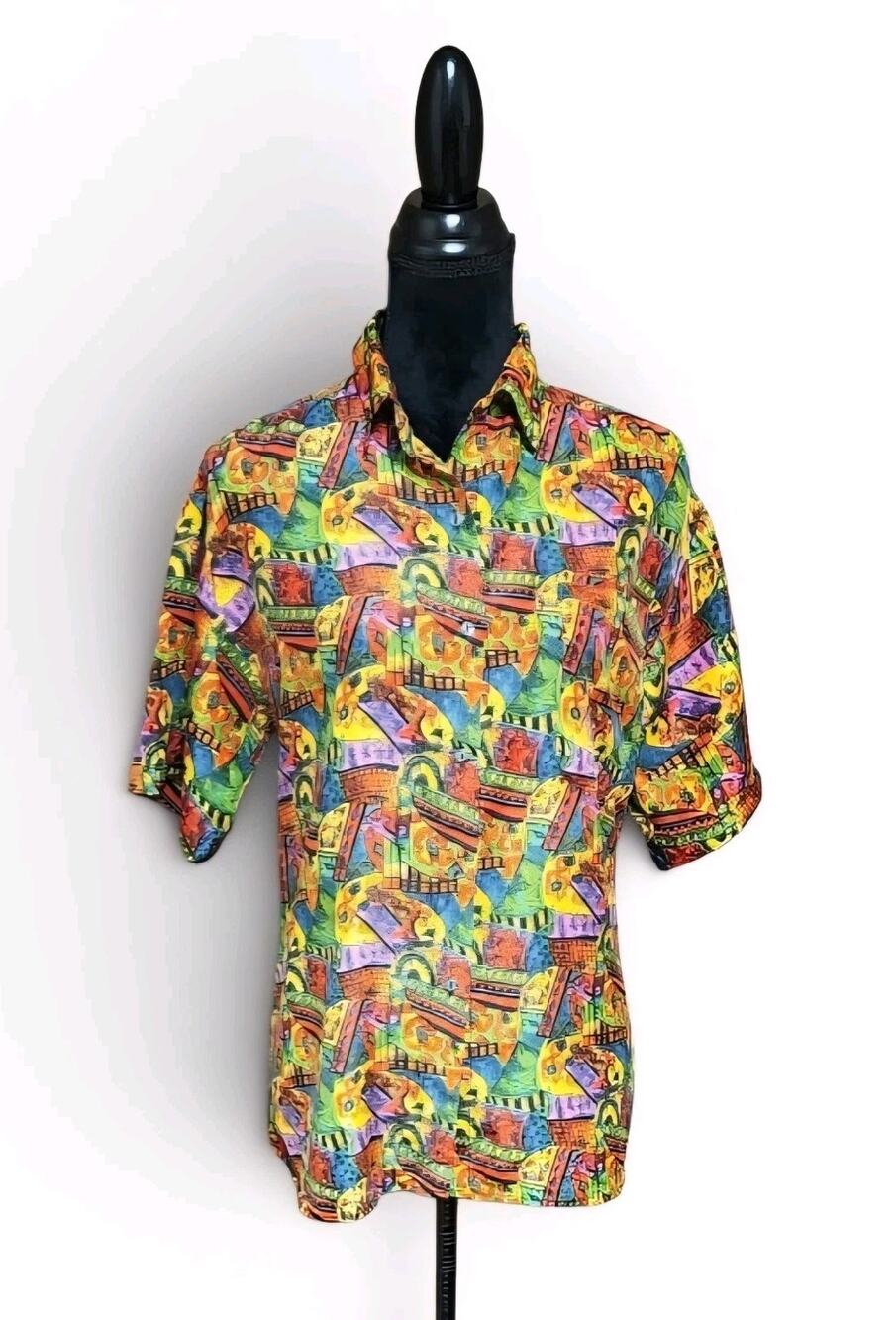 Vintage 1970s Psychedelic Button Up Colorful Collared Short-Sleeve Blouse Large